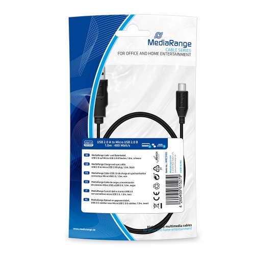 Καλώδιο MediaRange Charge and sync, USB 2.0 to micro USB 2.0 B plug, 1.0m, Μαύρο (MRCS183) - 1